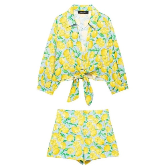 ZARA | Lemon 🍋 PRINTED LINEN CROPPED BLOUSE | Coord Set | Matching Shorts - Picture 12 of 17
